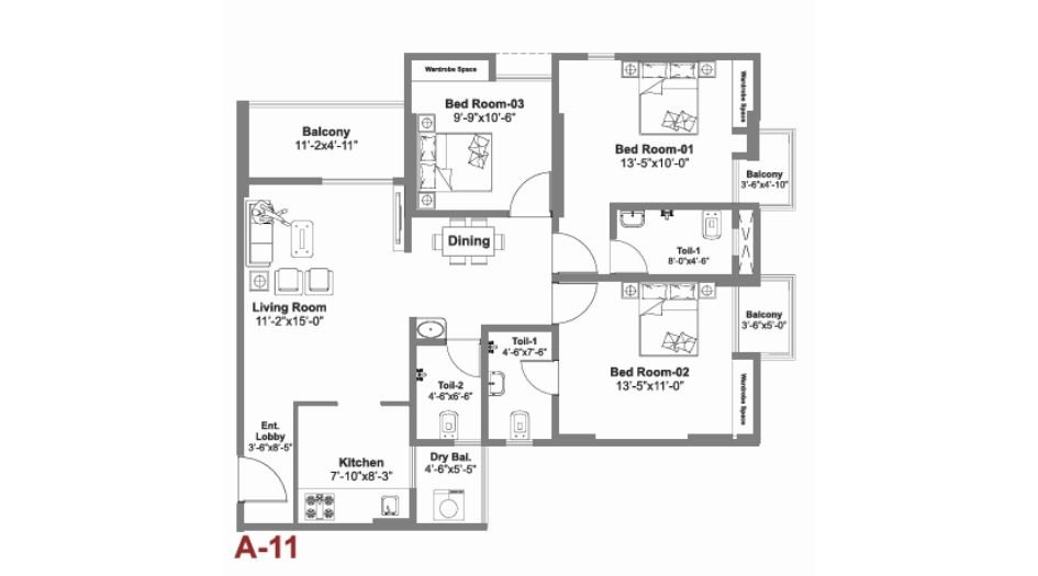 KP-Archana-paradise-phase-3-3BHK-1000sqft-Unitplan