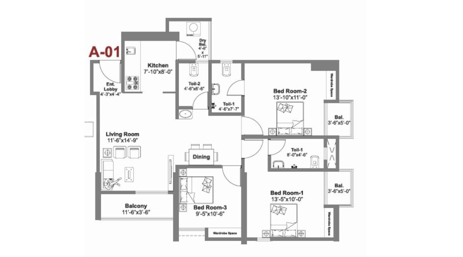 KP-Archana-paradise-phase-3-3BHK-970sqft-unitplan